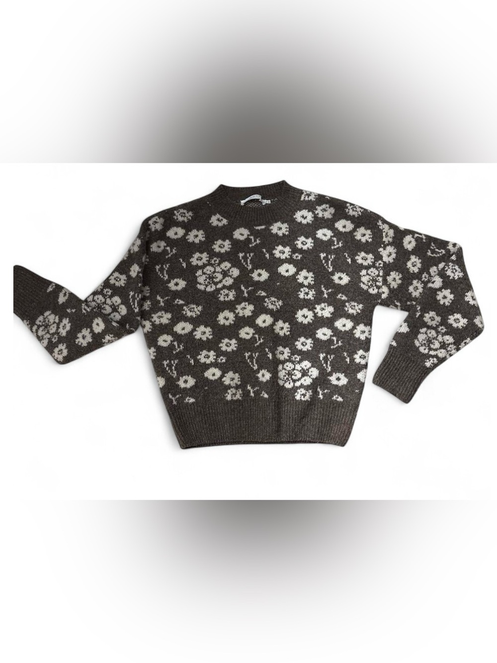 ASTR Charcoal Crewneck Sweater with Cream Floral Jacquard